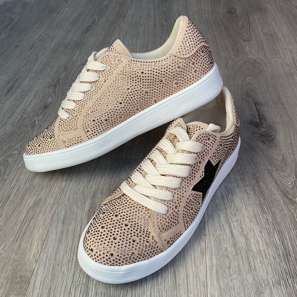 Gold stone encrusted lace up tennis with black star accent. TTS Makers brand